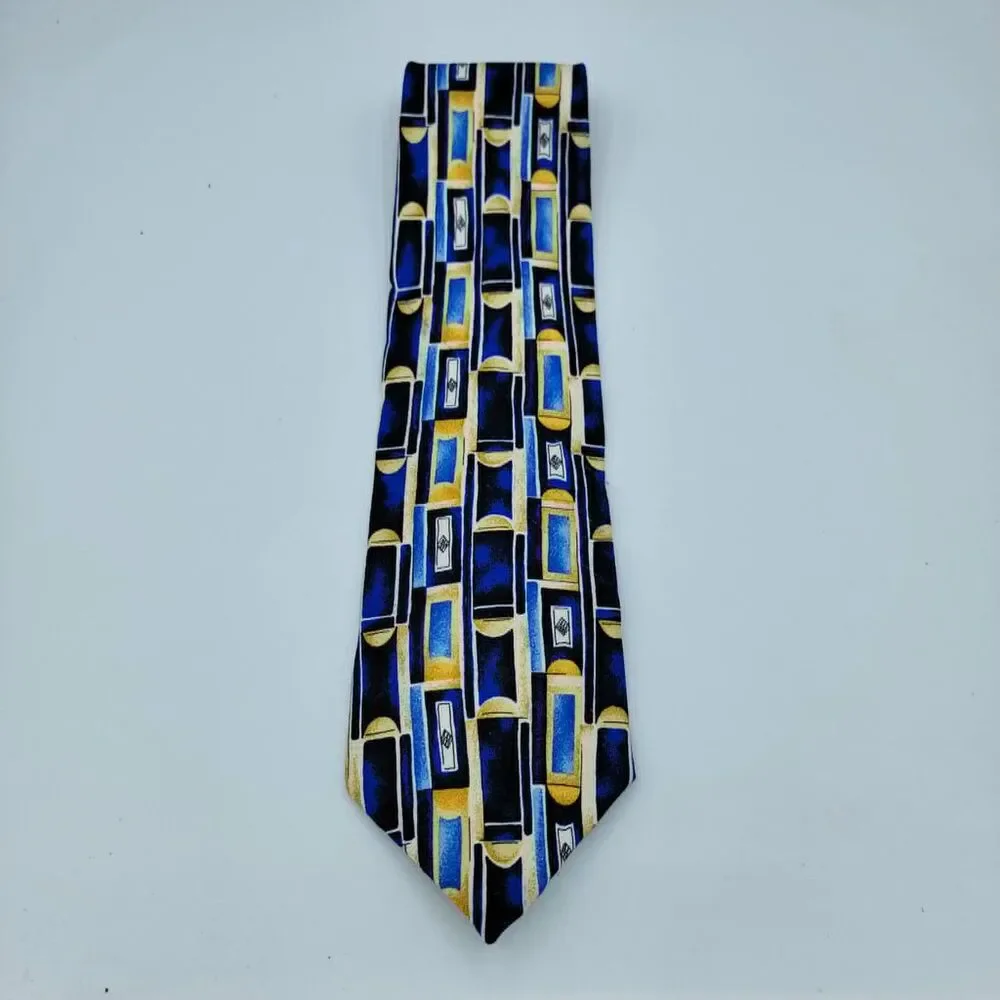 Mulberry Men’s Geometric Necktie Blue Gold 100% Italian Silk 57 x 4